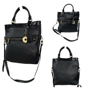 Isaac Mizrahi Live Oversized Black Leather Gold Hardware Shoulder Tote